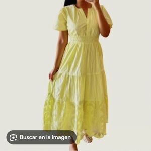 Haute Hippie Light Yellow Tiered Maxi Dress with Smocked Waist